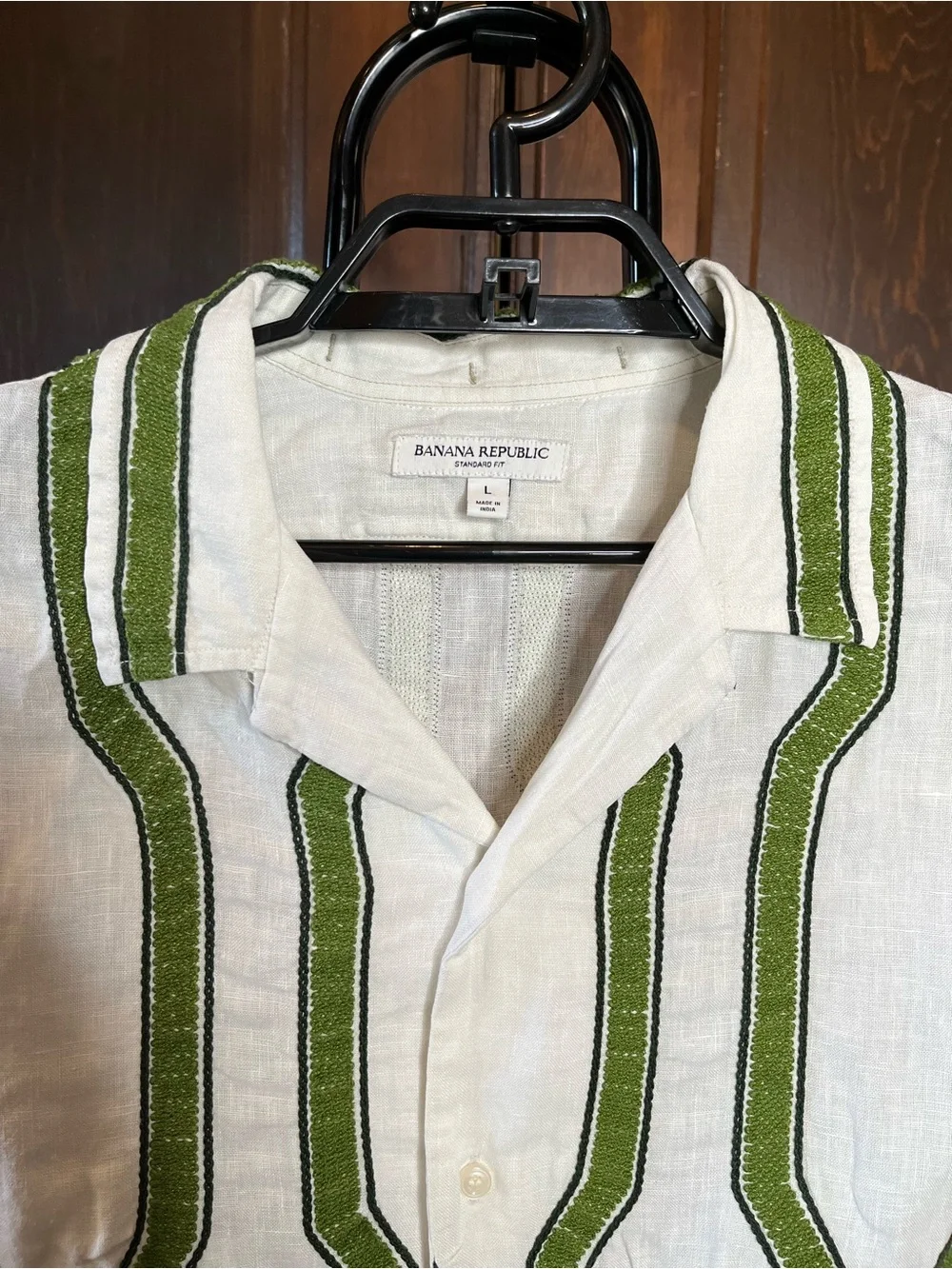 Banana Republic Embroidered Linen Shirt Short Sleeve Men's L Green Geometric
